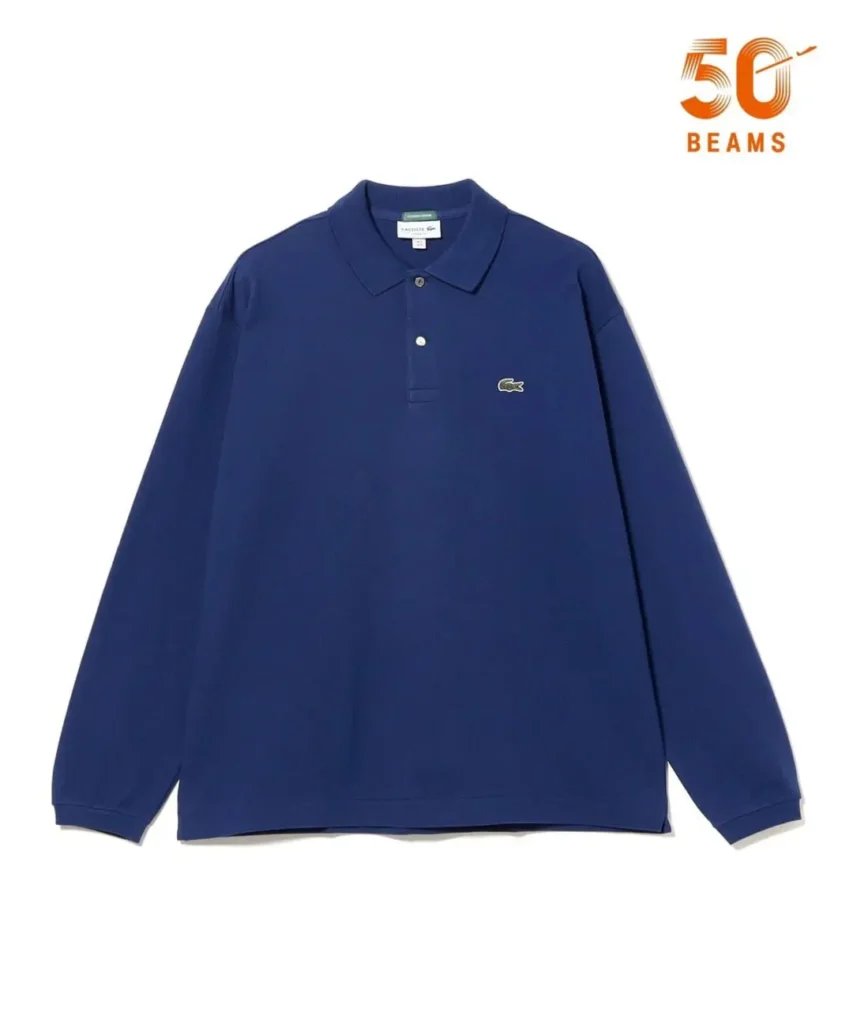 Navy blue long-sleeve polo shirt with collar, two-button placket and small crocodile logo on white background