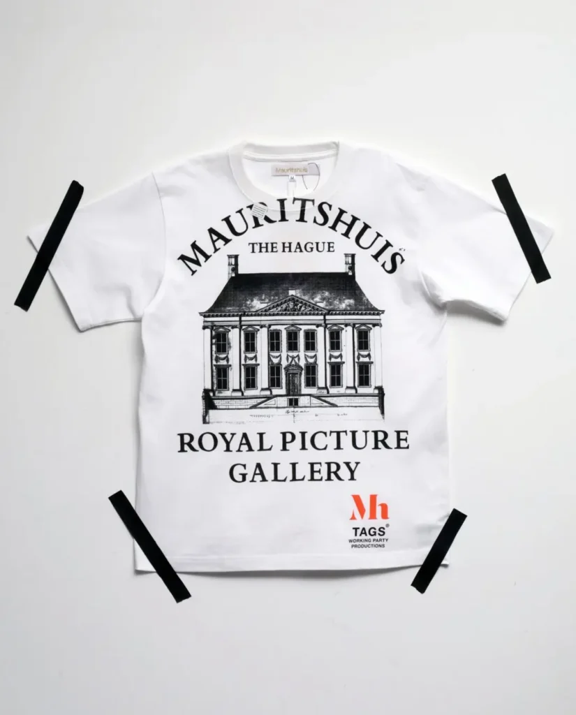White Tee featuring a vintage architecture show of the Mauritshuis museum with large "Royal Picture Gallery" typography