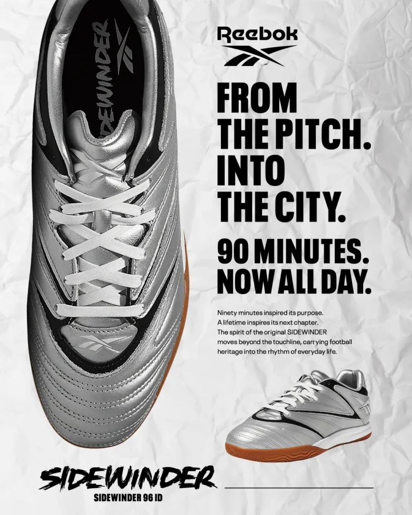 Reebok Sidewinder 96 ID campaign graphic featuring a metallic silver shoe with black accents, white laces and gum outsole beside “From The Pitch. Into The City.” typography