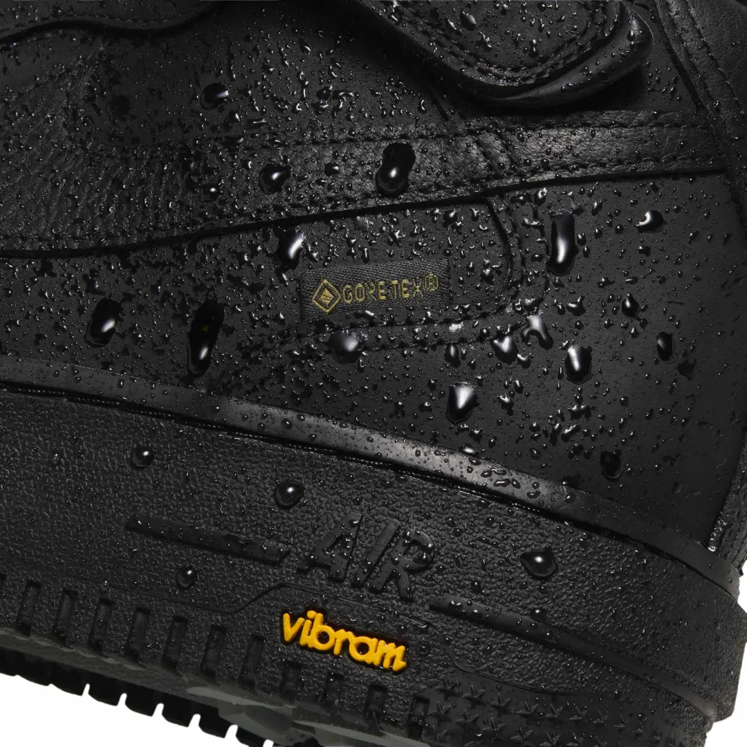 Close-Up Of Black Nike Air Force 1 Mid GORE-TEX With Water Droplets And Vibram Outsole