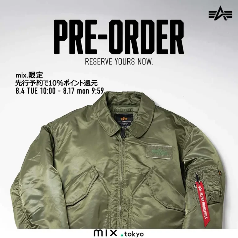 Alpha Industries olive green flight jacket with utility pocket, tonal patche, front zip closure, and red “Remove Before Flight” sleeve tag, shown in a mix.tokyo pre-order promotion