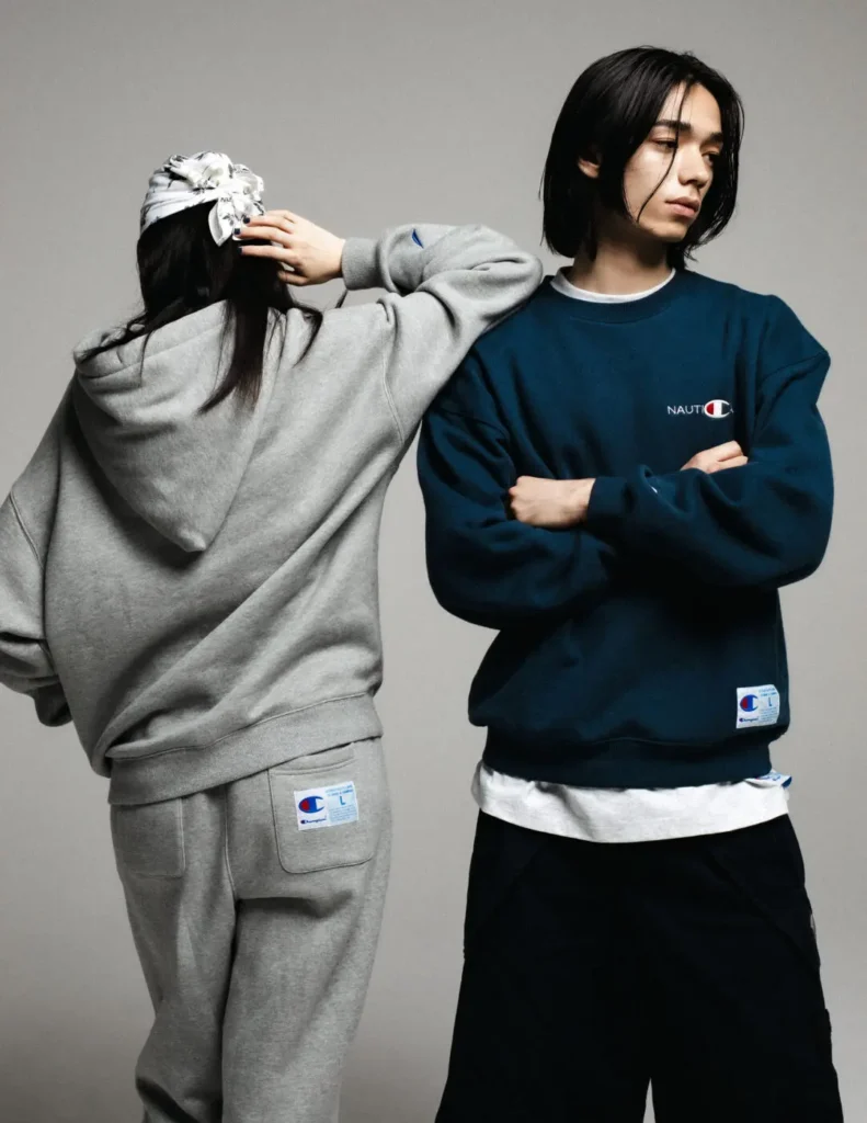 Two model show Champion x Nautica casual wear, include a gray tracksuit and navy crewneck sweatshirt with collide brand