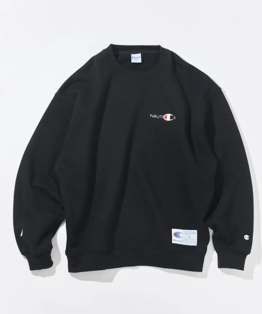 Black Champion x Nautica crewneck sweatshirt feature subtle Nautica chest brand, Champion sleeve detail, and collide hem label