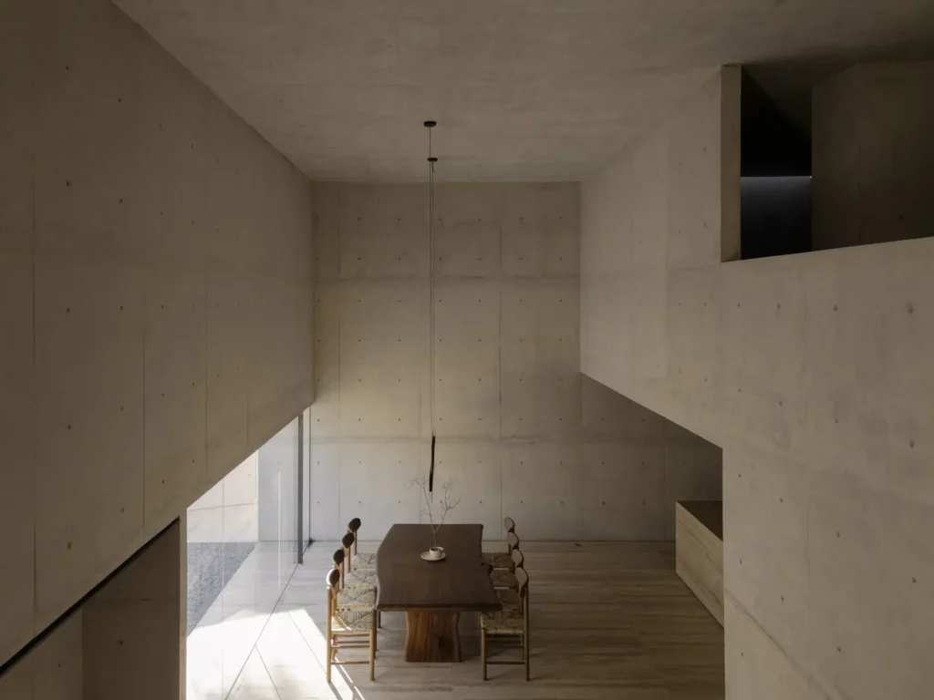 Dramatic concrete stairwell with soft indirect light illuminate a black-and-white cat resting on the steps beneath a tall light well