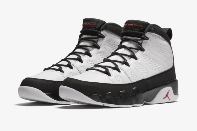 Air Jordan 9 in white/black with red Jumpman as the "Space Jam" colorway
