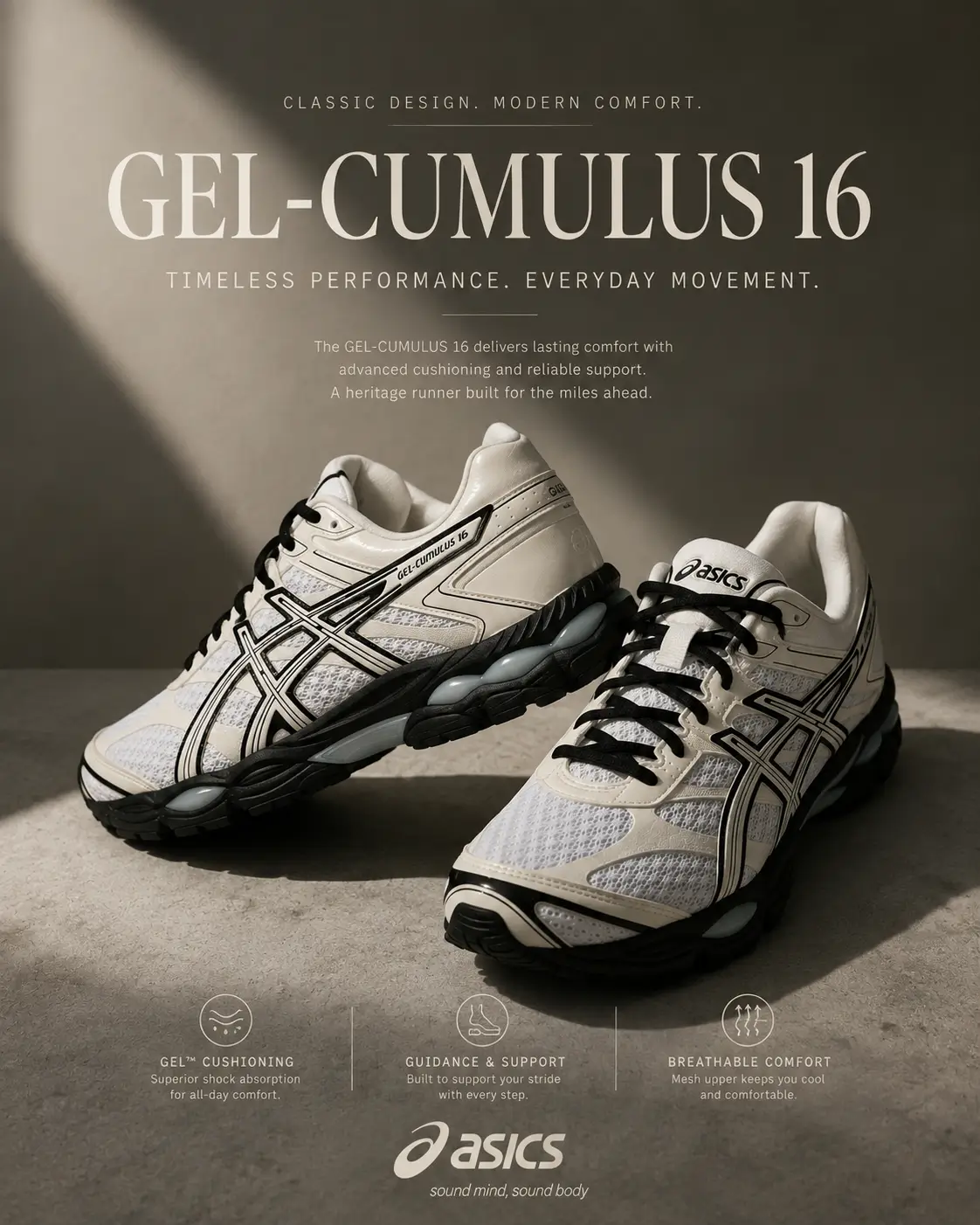 Promotional poster for the ASICS GEL-CUMULUS 16 featuring two cream and white running shoes with black overlays, displayed under dramatic studio lighting against a warm textured backdrop.