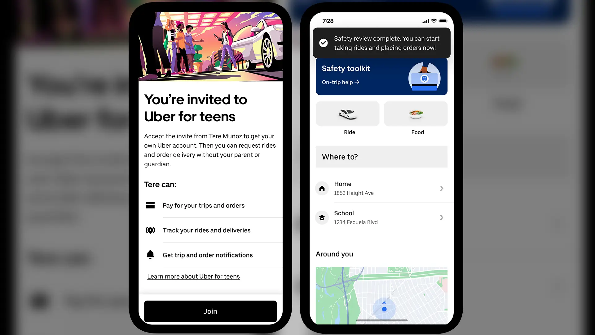 Two smartphones display Uber teen ride invitation and safety tracking screens, with a blurred article behind them