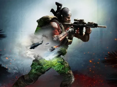 Armed Ghost Recon soldier aiming a rifle amid jungle foliage, smoke, aircraft, and spark
