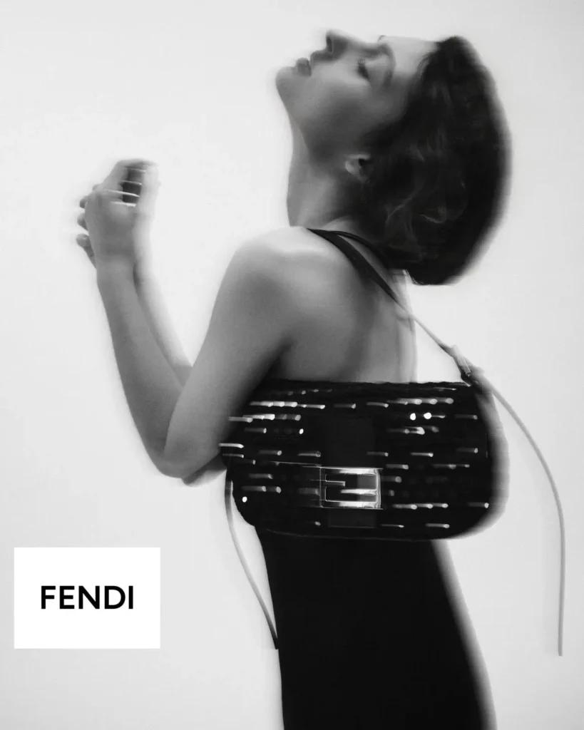 Black-And-White Fendi Campaign With Model Carry A Sequin Baguette Bag