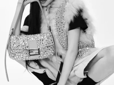 Black-And-White Fendi Campaign With Woman Posing With A Crystal-Embellish Baguette Bag