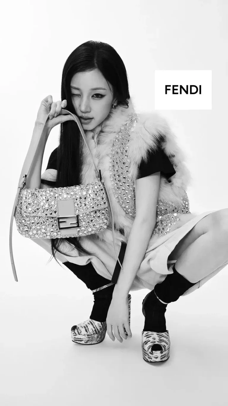 Black-And-White Fendi Campaign With Woman Posing With A Crystal-Embellish Baguette Bag