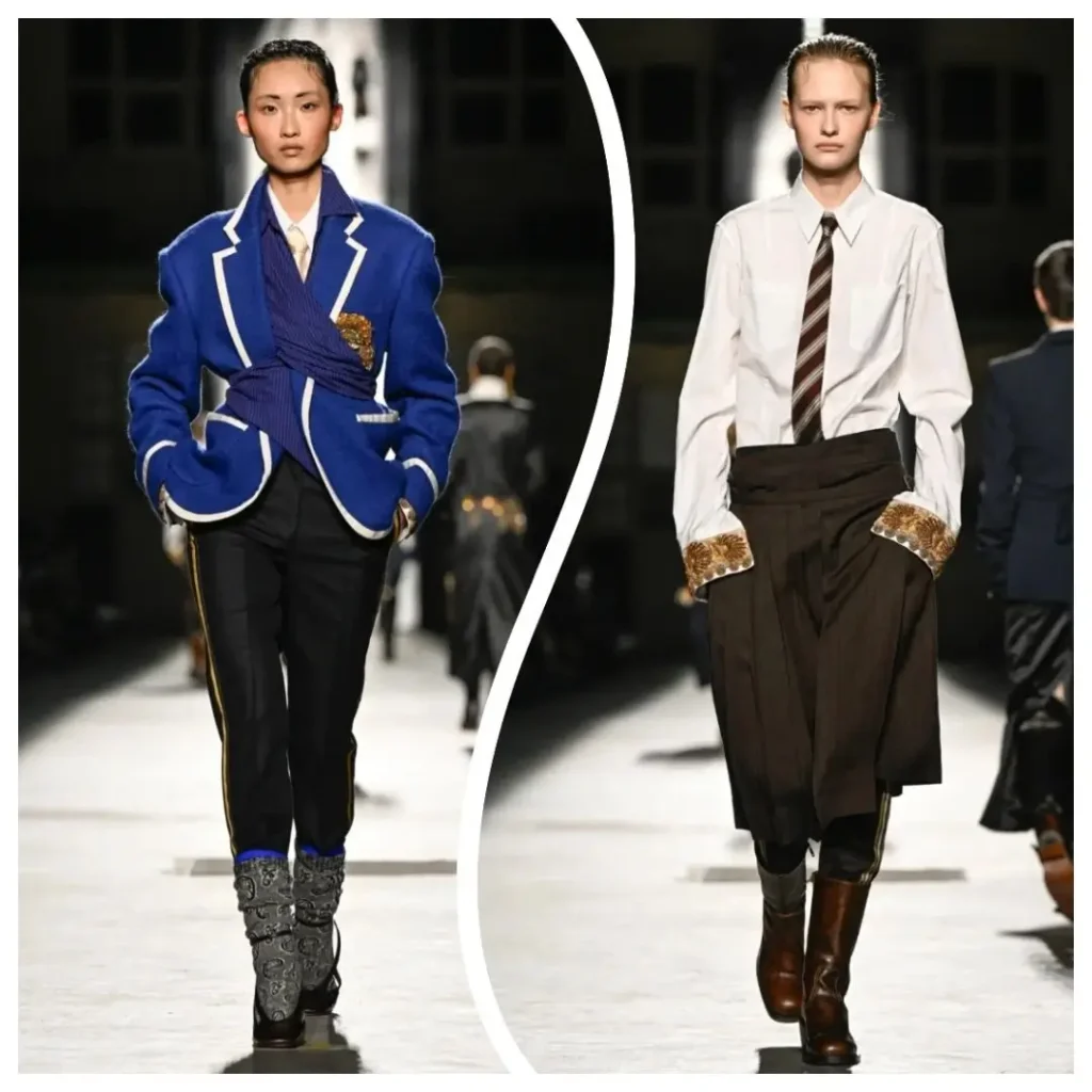 Runway collage featuring a cobalt blue piped blazer with black trousers alongside a white shirt, striped tie, wrapped dark skirt and tall leather boot