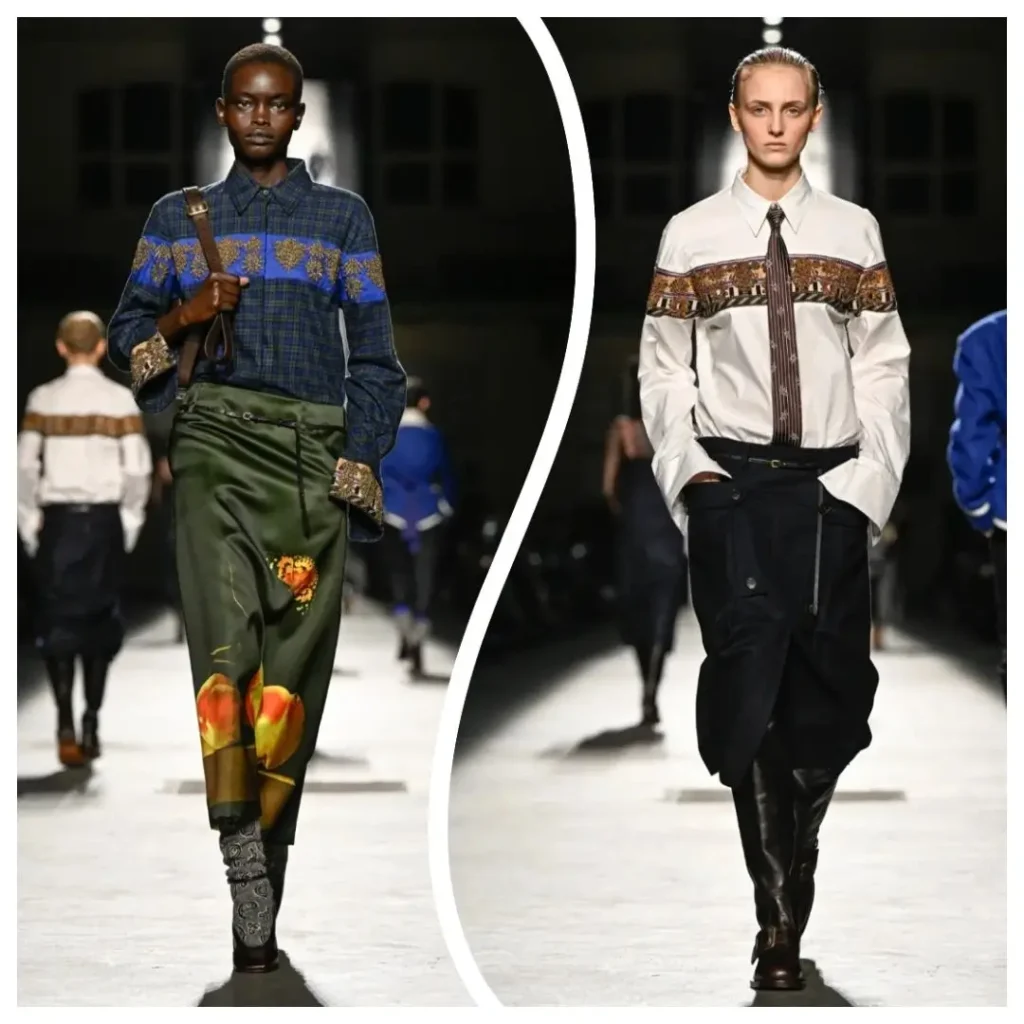 Runway collage show a plaid embroider shirt with green floral trousers and a white embroider shirt style with voluminous black trouser and tall boot