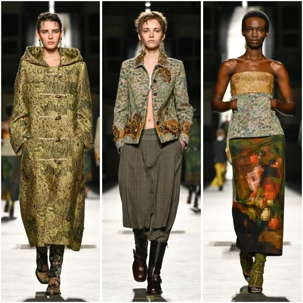 Three runway looks feature a rich texture gold hood coat, an embroider floral jacket with loose gray trousers, and a strapless floral top pair with a pixelate flower-print skirt