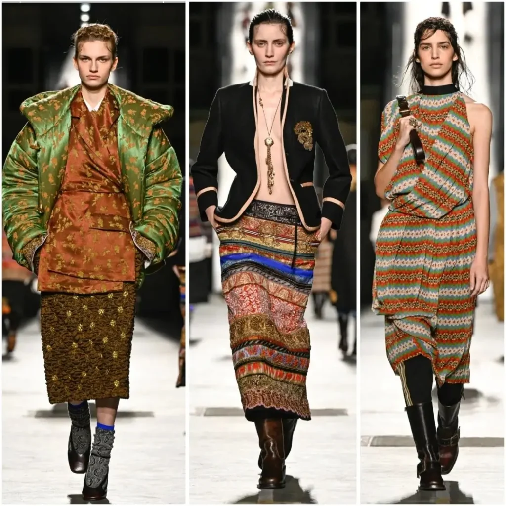 Three runway looks feature a cropped patterned knit with embellished black trousers, a long gold brocade coat over denim, and a draped green floral outfit with tall leather boot