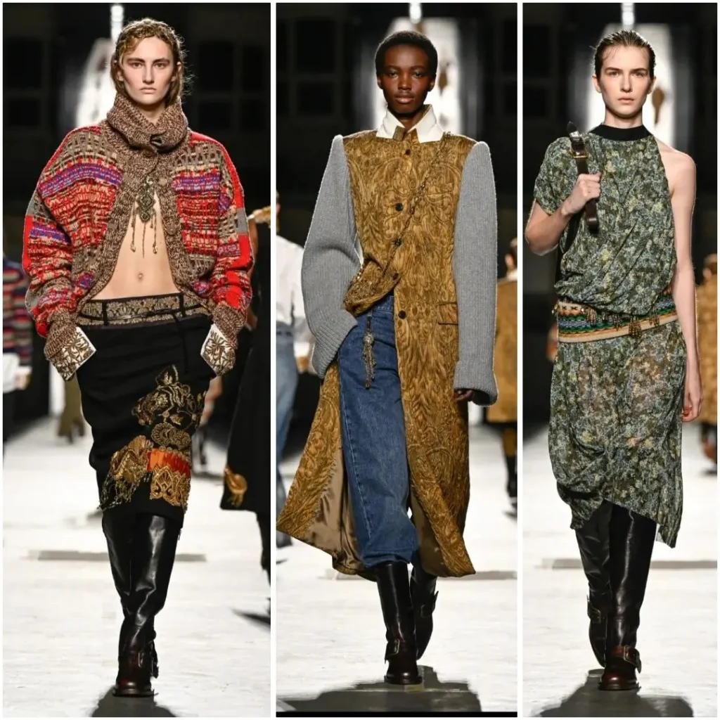 Three runway looks feature a crop pattern knit with embellish black trouser, a long gold brocade coat over denim, and a drape green floral outfit with tall leather boot
