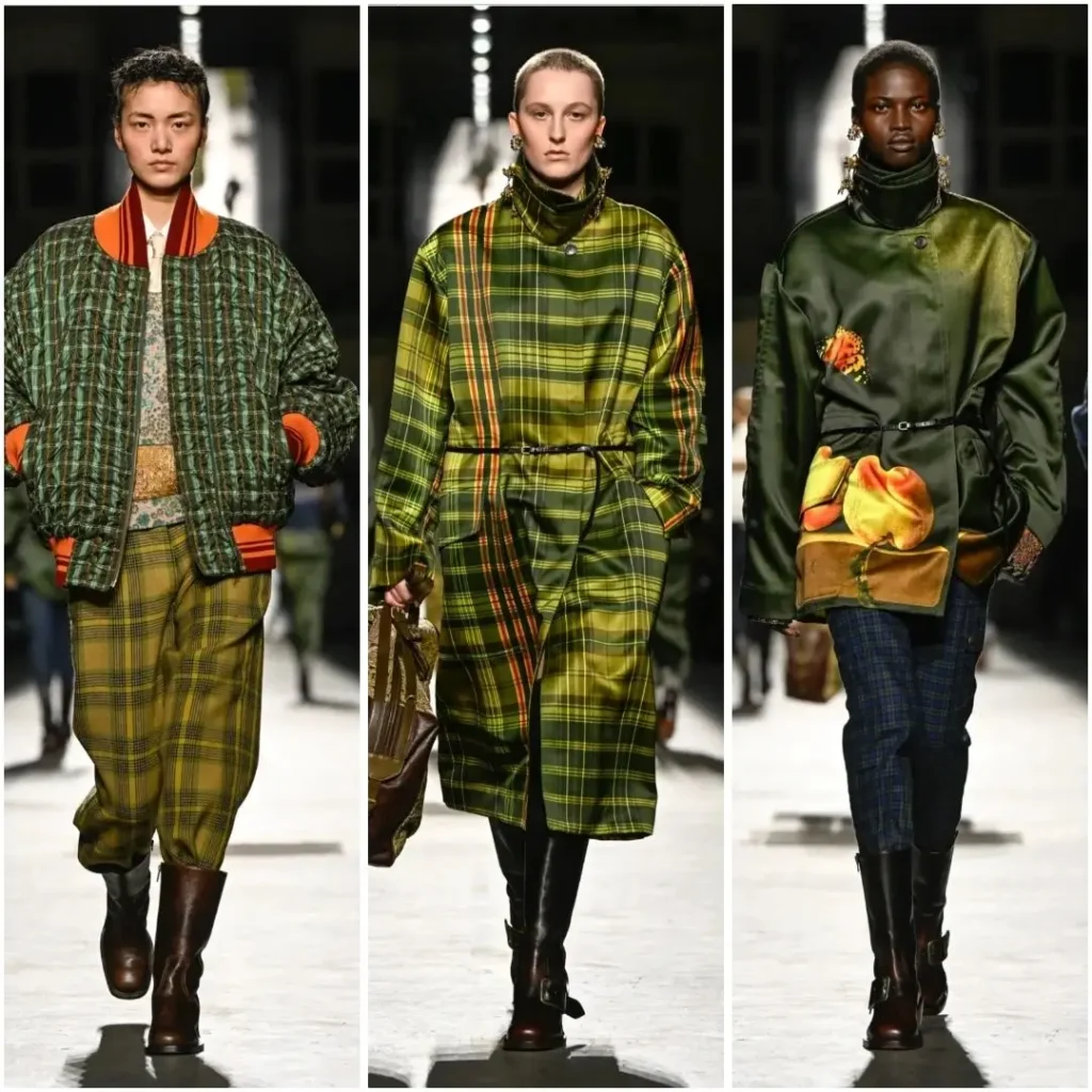 Three runway looks exploring green tones and plaid, including a quilt bomber with checked trousers, a belted green plaid coat, and a dark green floral jacket with blue plaid pants