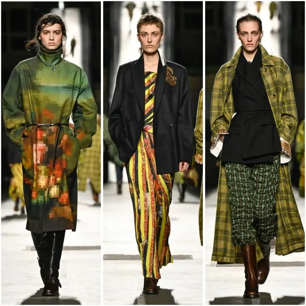 Three runway looks feature a pixelate green floral coat, a black blazer over bold striped trousers, and a long yellow-green plaid coat layer over black tailor and check bottom