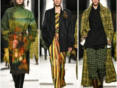 Three runway looks feature a pixelate green floral coat, a black blazer over bold striped trousers, and a long yellow-green plaid coat layer over black tailor and check bottom