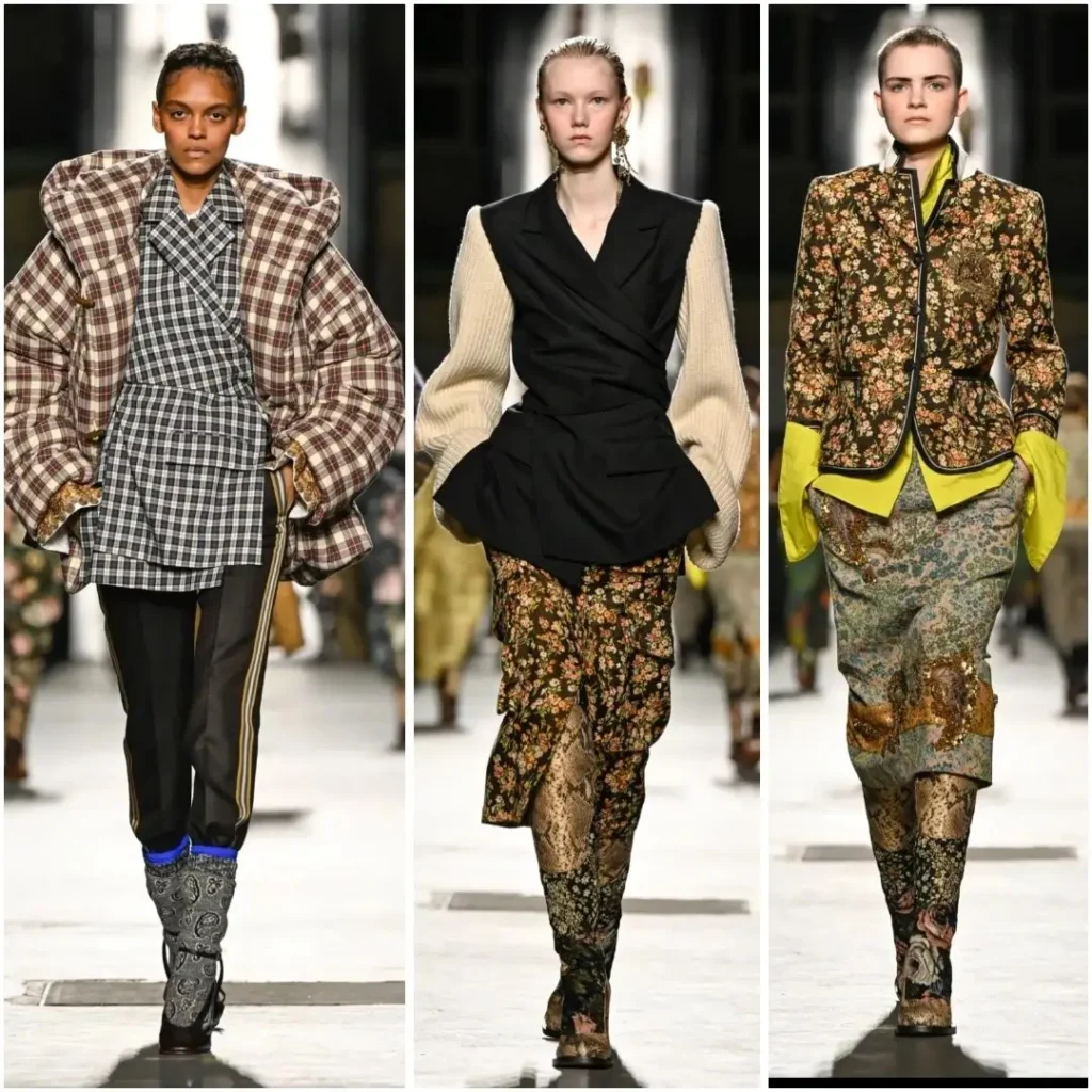 hree runway looks mix check, floral and tailor, include an oversize plaid jacket, a black sculpt vest with floral trouser, and a fit floral jacket layer over a bright yellow shirt and patter skirt