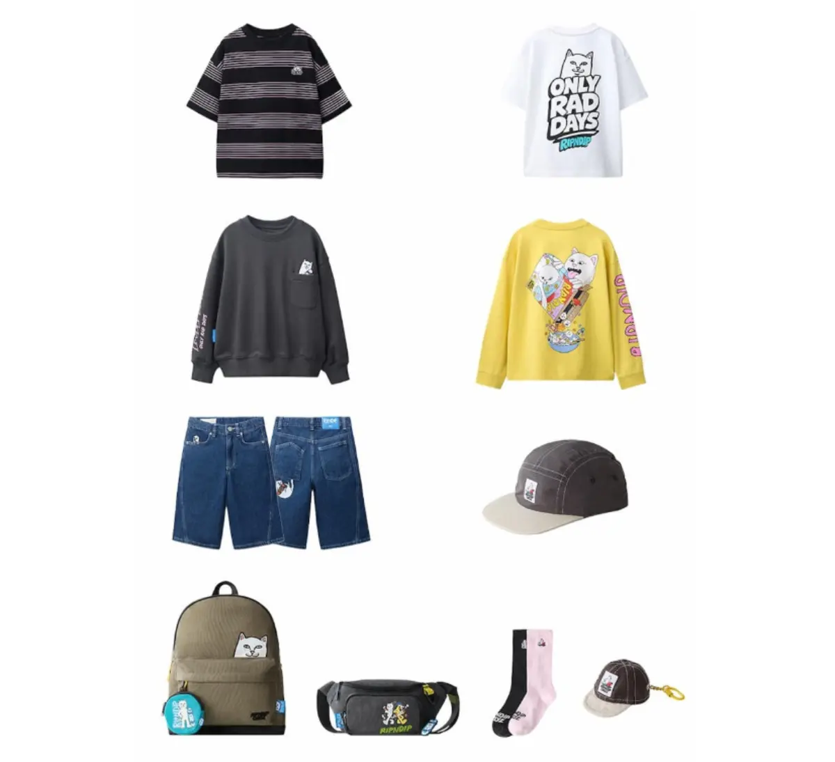 Ripndip Apparel And Accessories Collection Featuring Graphic T-Shirts, Sweatshirt, Denim Shorts, Cap, Backpack, Bag And Socks