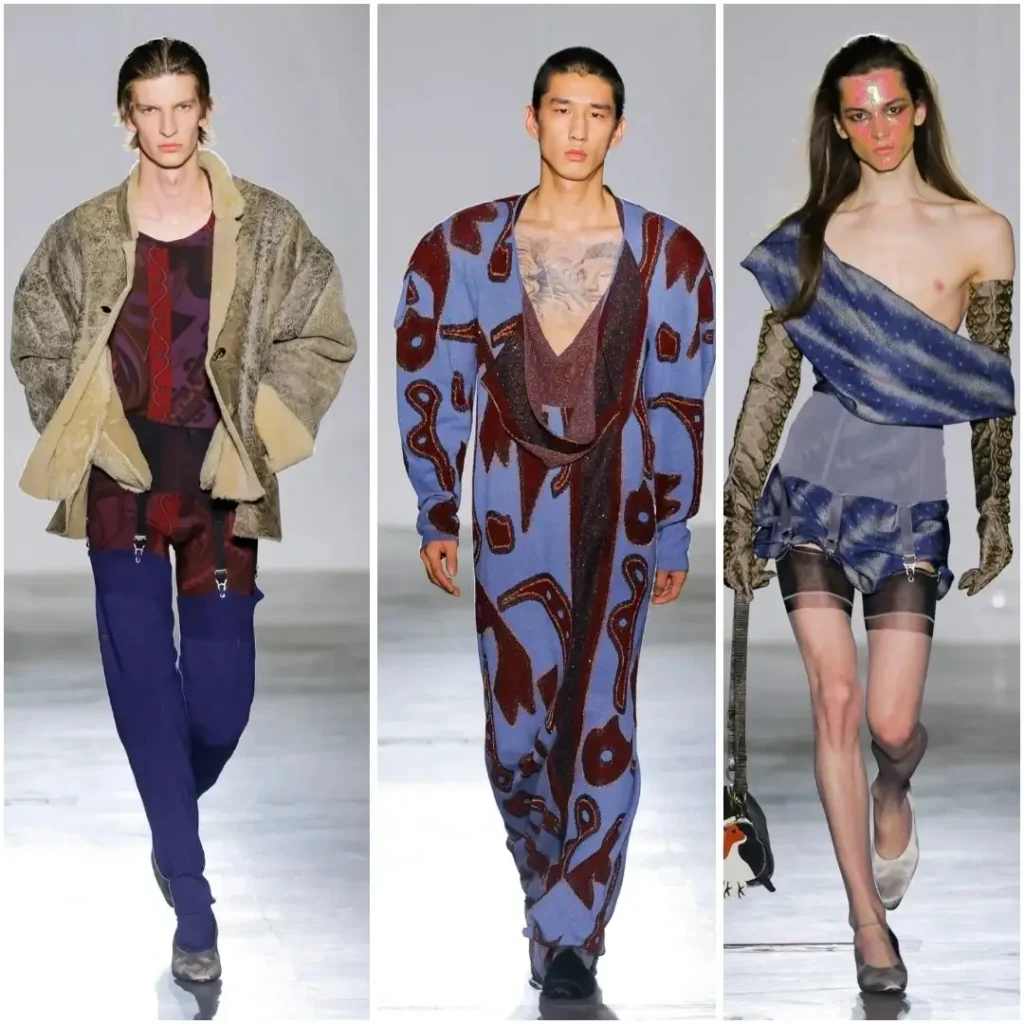 Three runway looks combine oversize tailor, abstract knitwear, layer trouser, sheer hosiery, and asymmetric drape