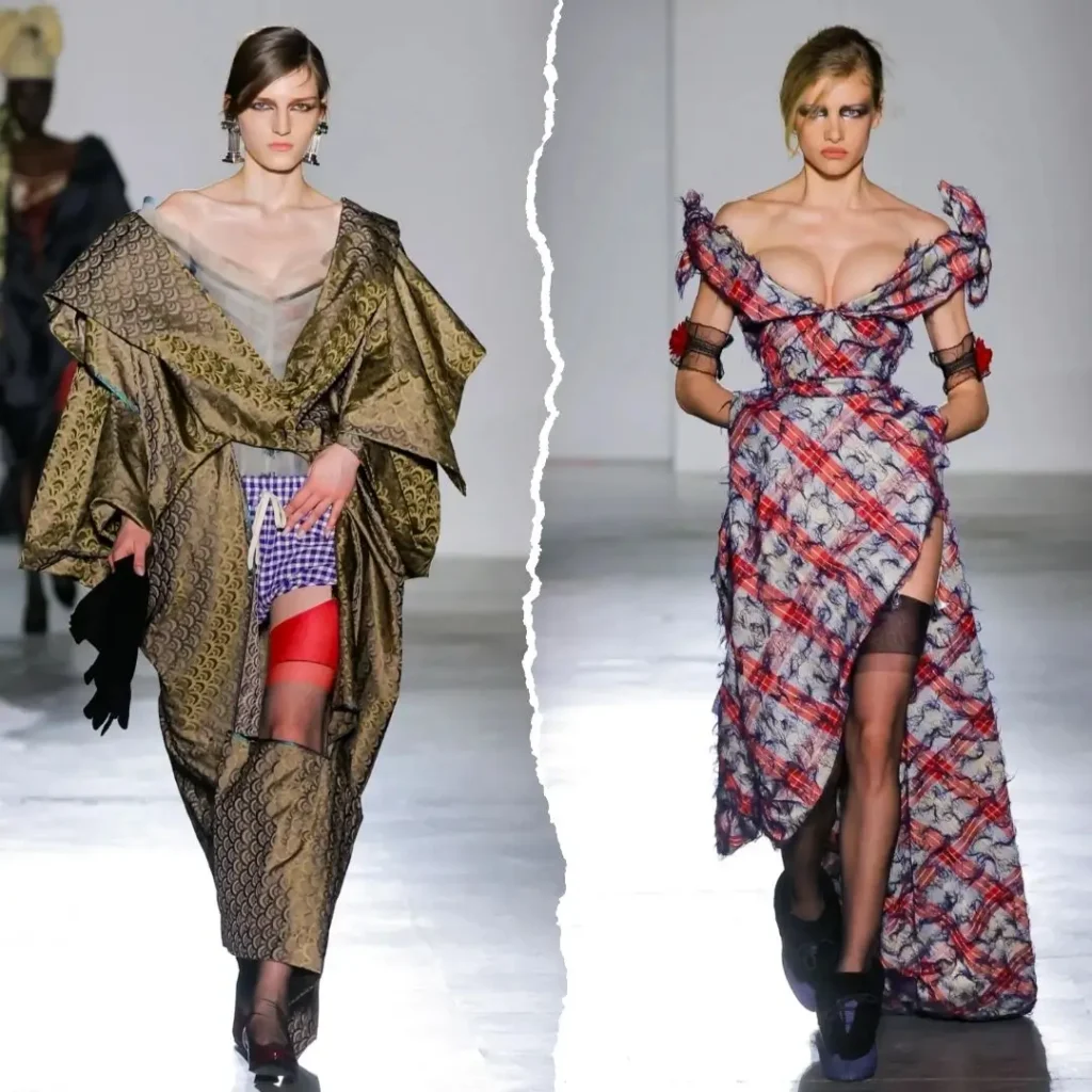 Two runway looks feature an oversize pattern robe with gingham shorts and a distress plaid evening dress