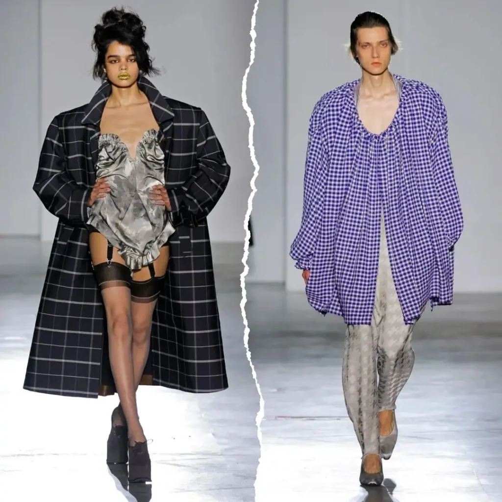 Two runway look pair a checke oversize coat with lingerie-inspire separate and a voluminous purple gingham top with pattern trouser