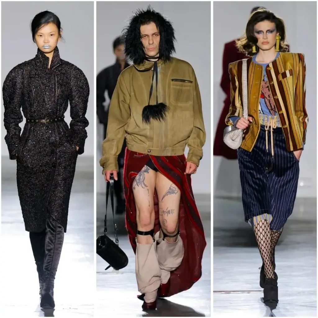 Three runway looks feature texture black tailoring, a fur-trim jacket with a red drape skirt, and stripe structure tailor with fishnet tight