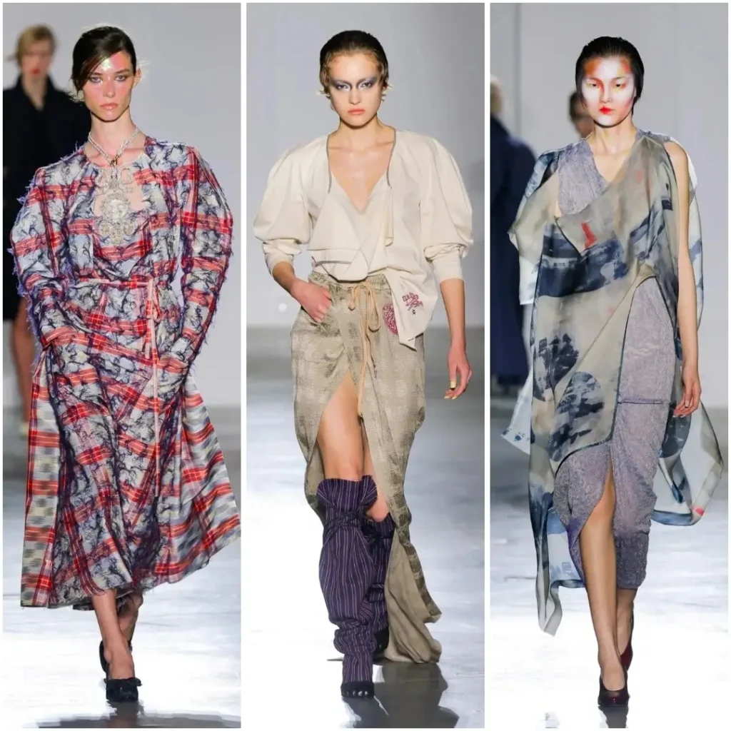 Three runway looks feature distress plaid, relax neutral drape, and an asymmetric abstract-print layer dress
