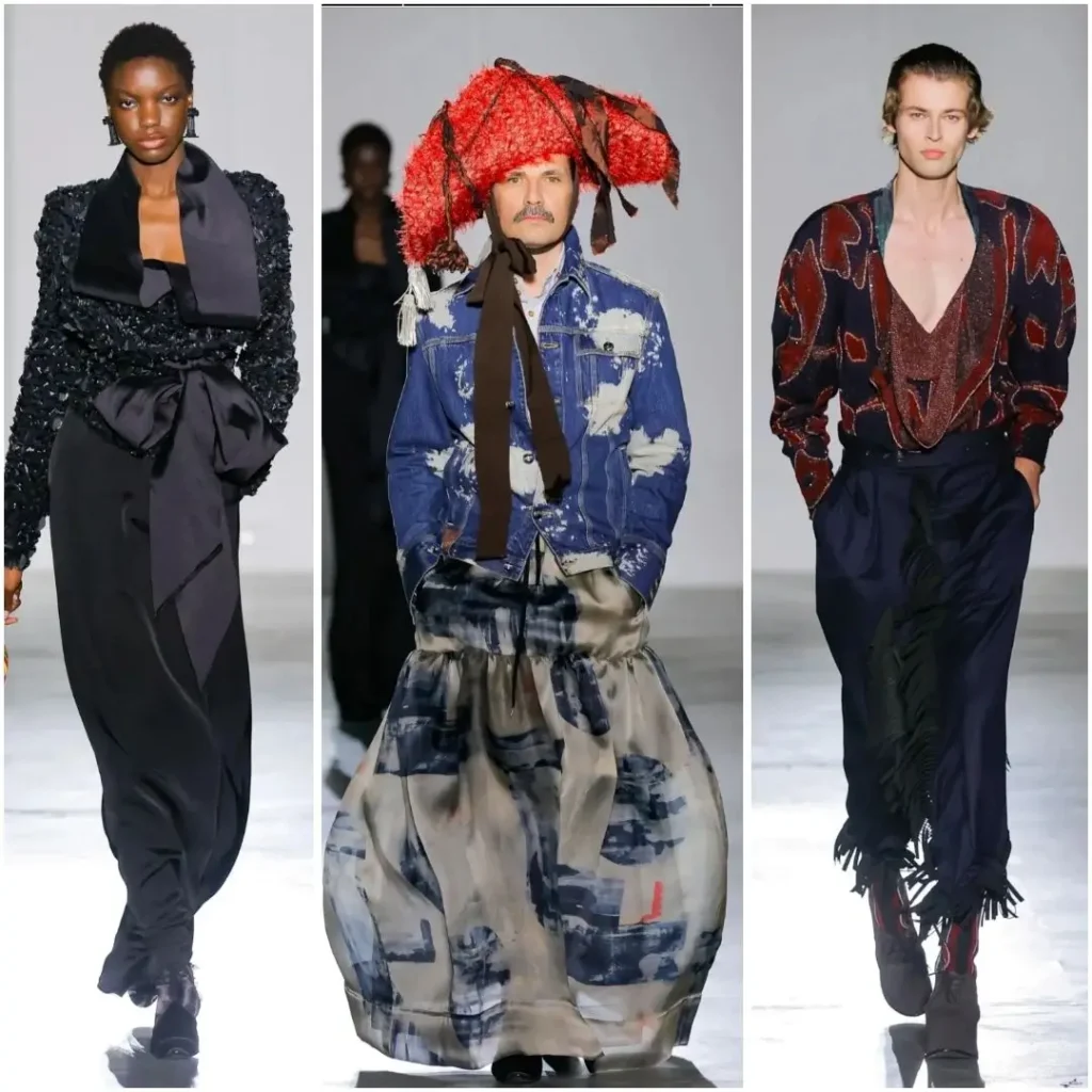 Three runway look feature black embellish tailor, a paint-splatter denim jacket with a voluminous skirt, and an abstract knit cardigan with dark trouser