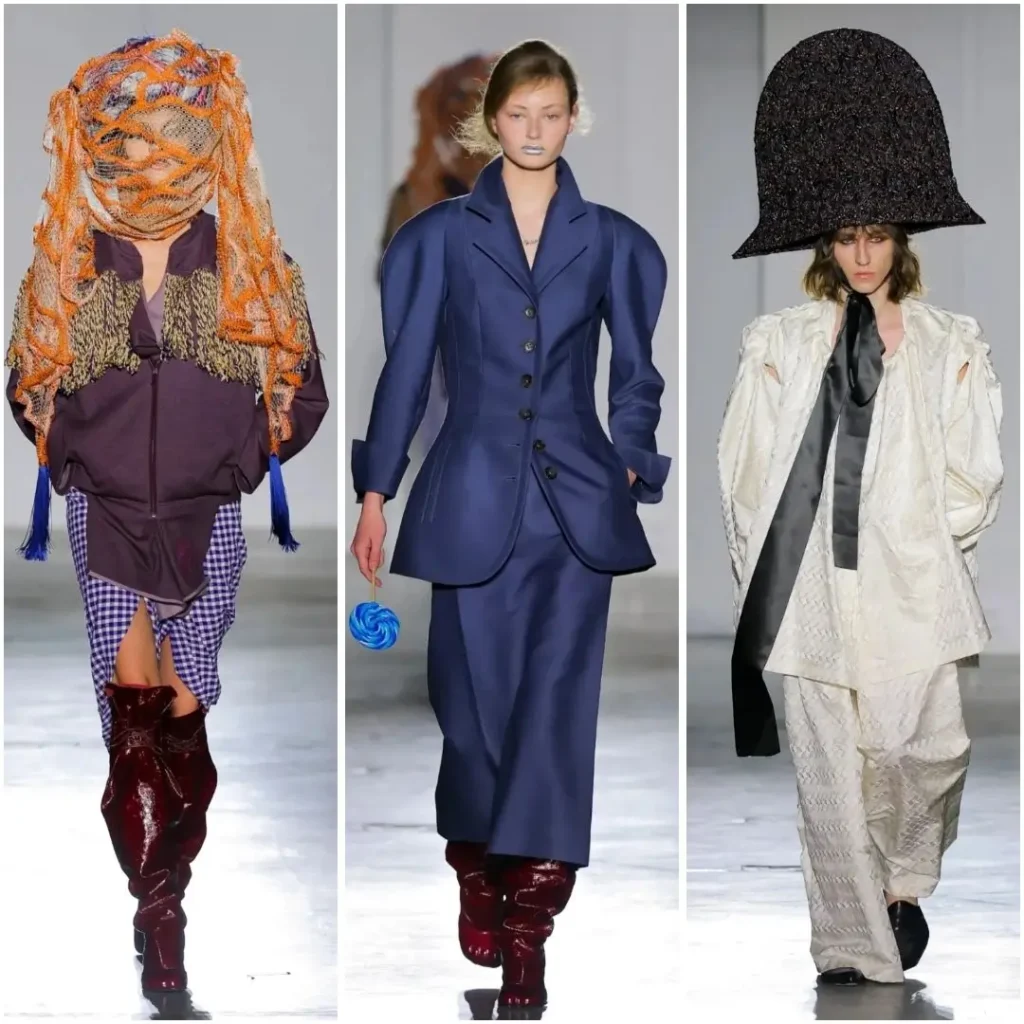 Three runway look feature an orange netted headpiece, sculpt navy tailor, and an oversize white suit with a drama black hat