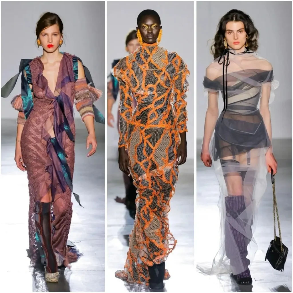 Three runway looks feature an orange net headpiece, sculpt navy tailor, and an oversize white suit with a drama black hat