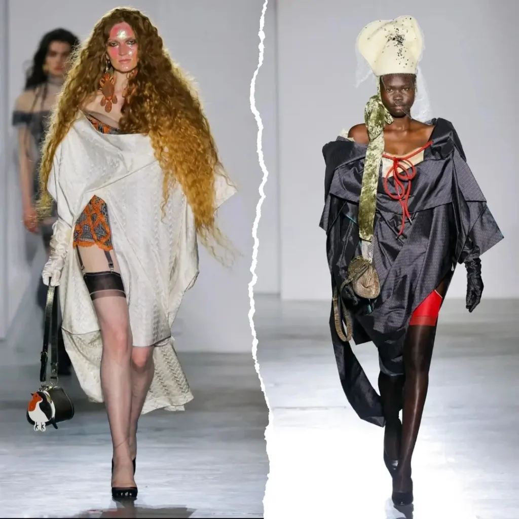 wo runway looks feature a flowing white asymmetric ensemble and a dark deconstruct dress with red accent and an oversize headpiece