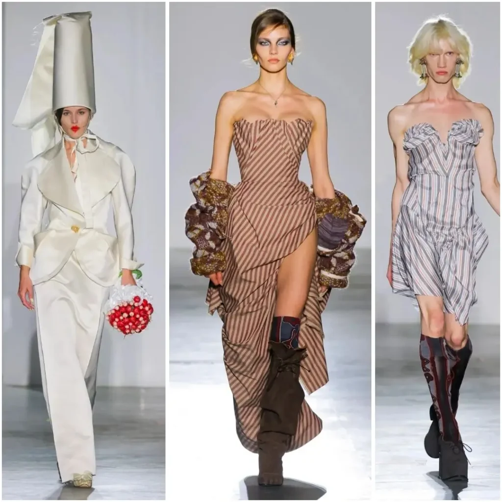 Three runway look feature a sculpture white suit and tall headpiece, a stripe corset gown, and a stripe mini dress with knee-high boot