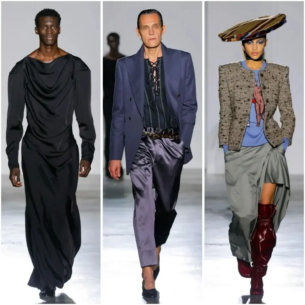 Three runway looks feature a floor-length black drape dress, navy tailor with satin trouser, and a tweed jacket style with a gray asymmetric skirt and oversize stripe hat