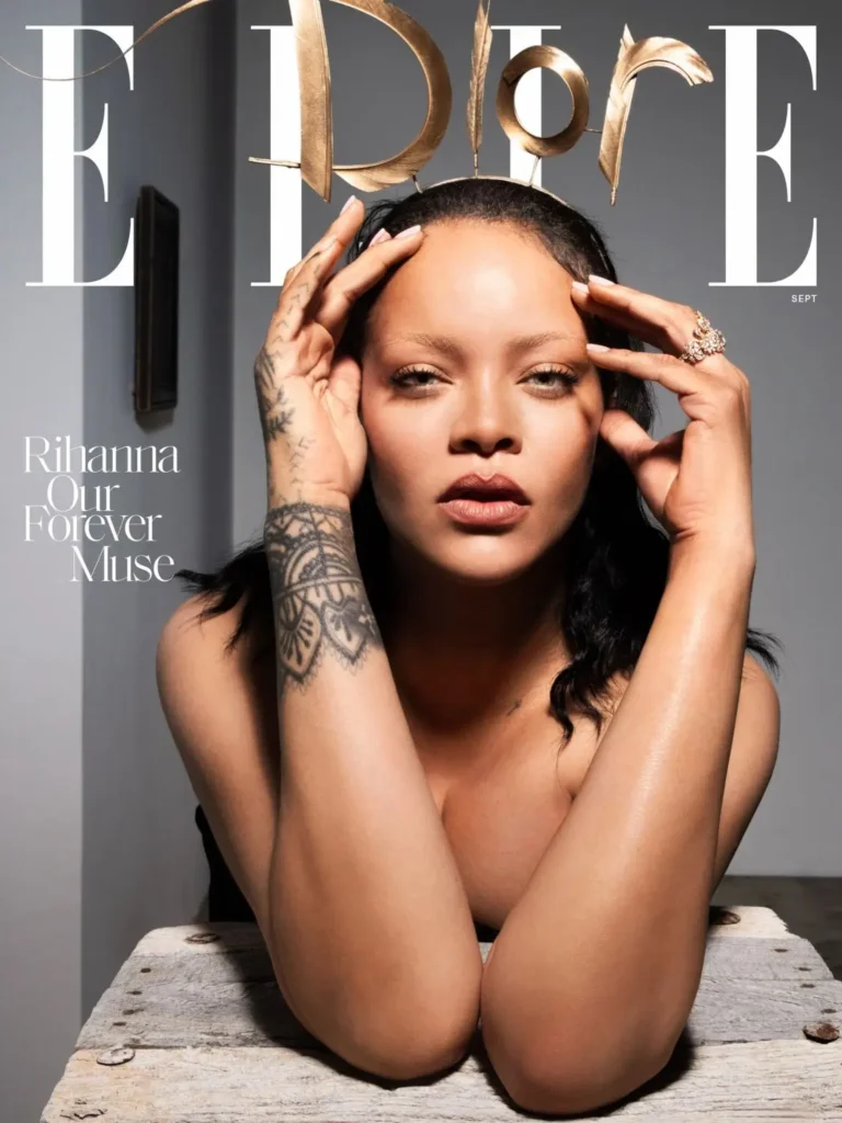 Rihanna Pose With A Gold Dior Headpiece On An ELLE Magazine Cover