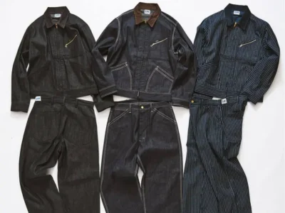 Lee x 417 ÉDIFICE workwear collection featuring three dark denim jacket-and-pants sets, including black, contrast-stitch, and pinstripe design