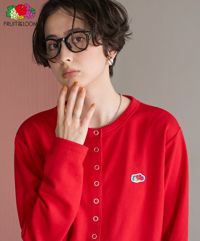 Red Button-Front Cardigan With Fruit of the Loom Patch