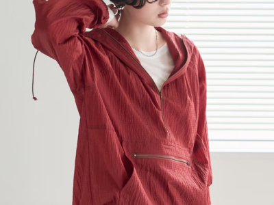 Red Hood Pullover With Front Zip Pocket And Relaxed Fit