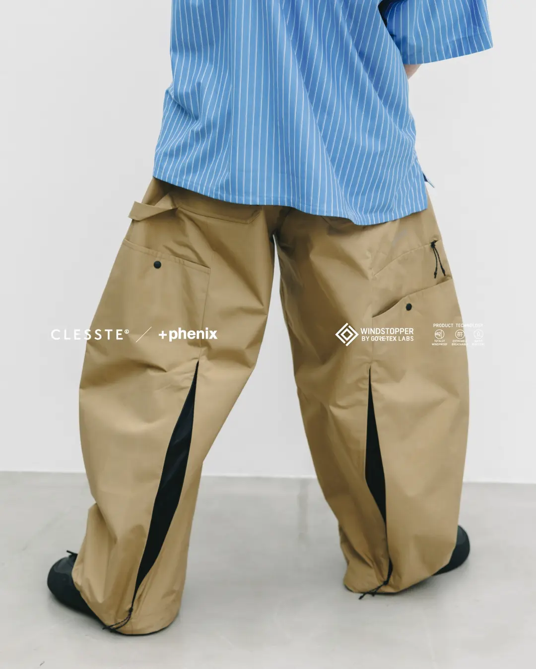 CLESSTE +phenix Windstopper By GORE-TEX Labs Tan Technical Pants With Blue Pinstripe Shirt
