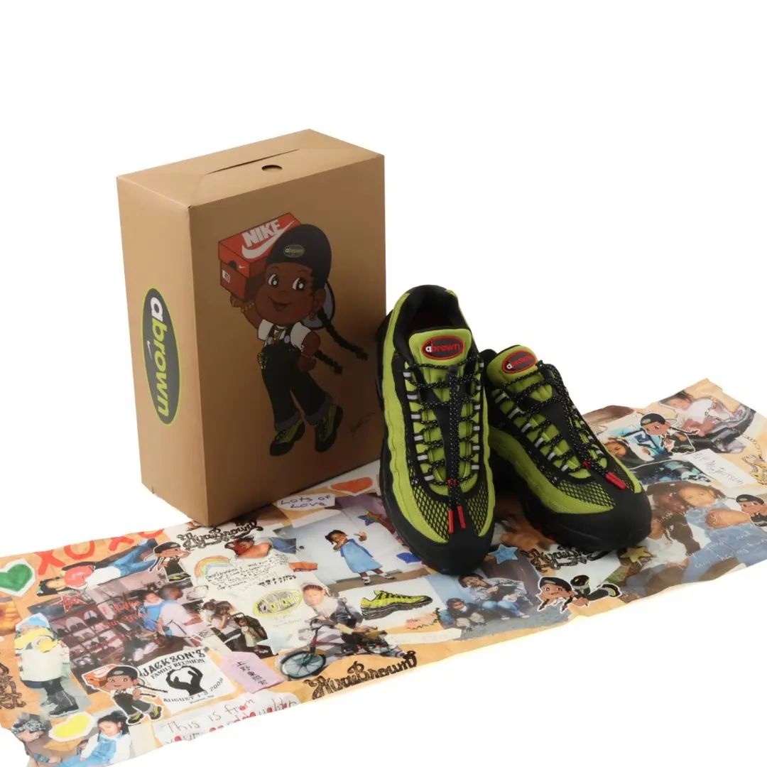 Abrown x Nike Air Max 95 Collaboration With Olive And Black Shoes, Illustrated Packaging, And Collage-Style Tissue Paper