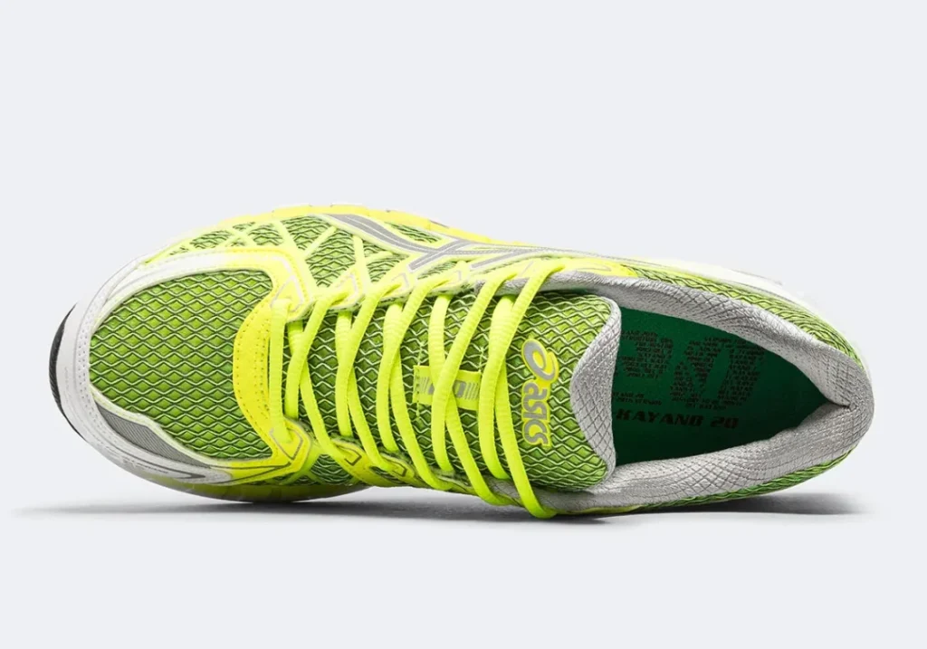 op view of the ASICS GEL-Kayano 20 show neon lace, green mesh and silver line