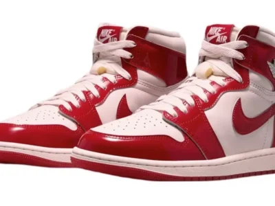 Pair Of Red And White Patent Leather Air Jordan 1 High Shoe