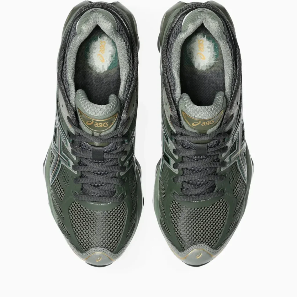 Top-down view of the olive green ASICS shoes display breathable mesh uppers, charcoal laces, padd collars, and gold ASICS brand on the tongues and insole