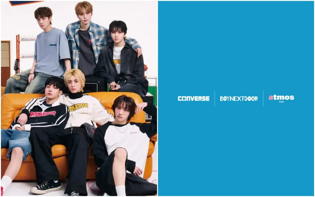 BOYNEXTDOOR Members Pose In Converse Apparel Around An Orange Sofa Beside A Blue Converse, BOYNEXTDOOR, And atmos Pink Collaboration Graphic.