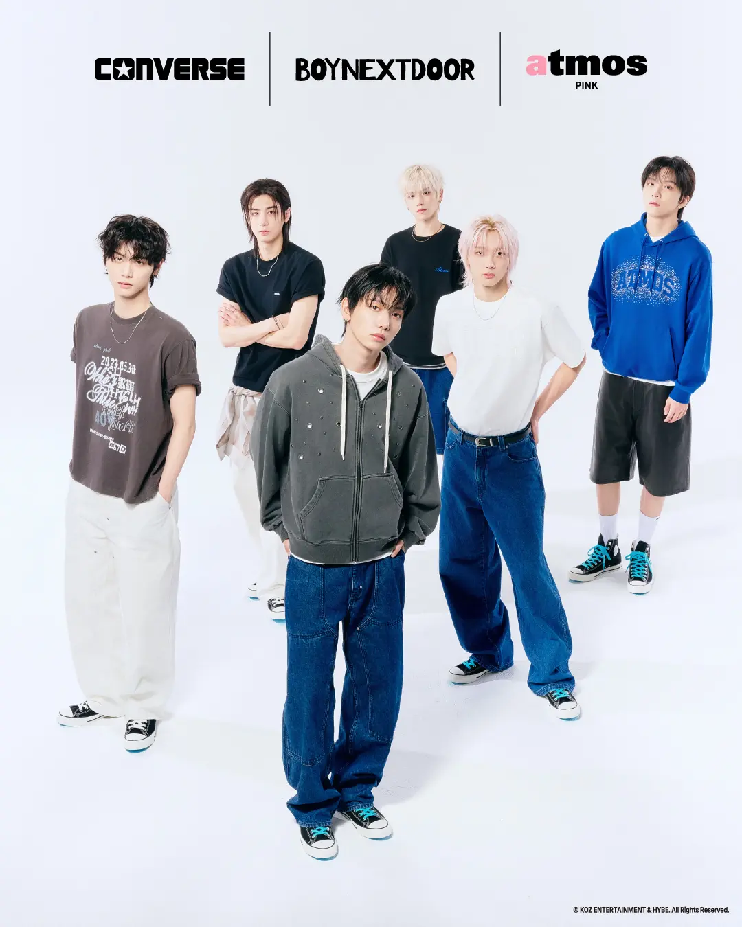 BOYNEXTDOOR Members Model Casual Converse Apparel And High-Top Shoes For The Converse, BOYNEXTDOOR, And atmos Pink Collaboration.