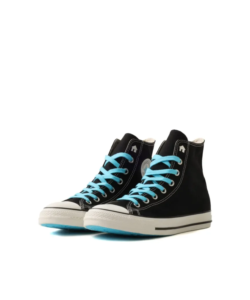 Black Converse high-top pair feature bright blue lace and off-white rubber sole