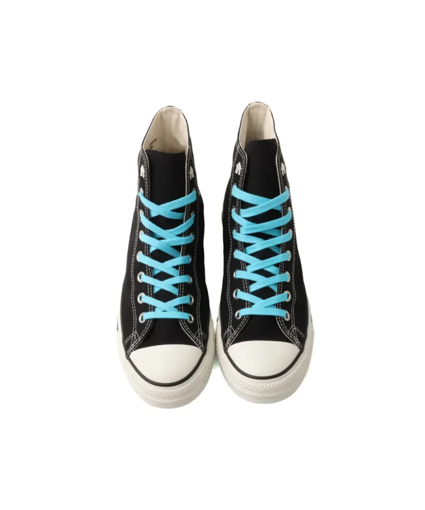 Black Converse high-top pair show from the front with bright blue laces and white toe cap