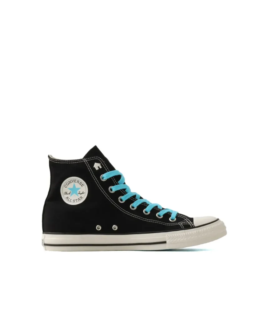 Black Converse high-top shoe show in side profile with blue lace and a blue-accent ankle patch